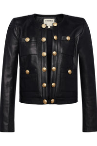 JAYDE COLLARLESS LEATHER JACKET