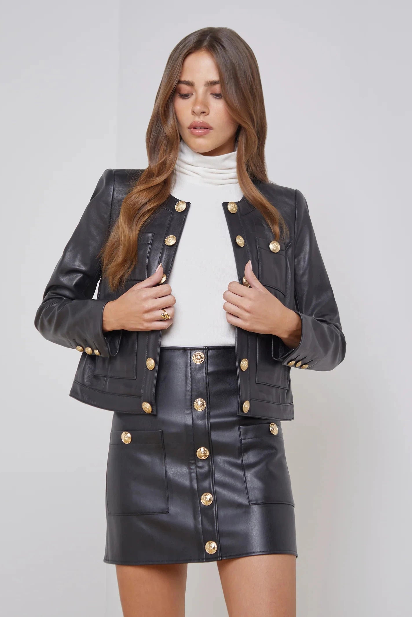 JAYDE COLLARLESS LEATHER JACKET