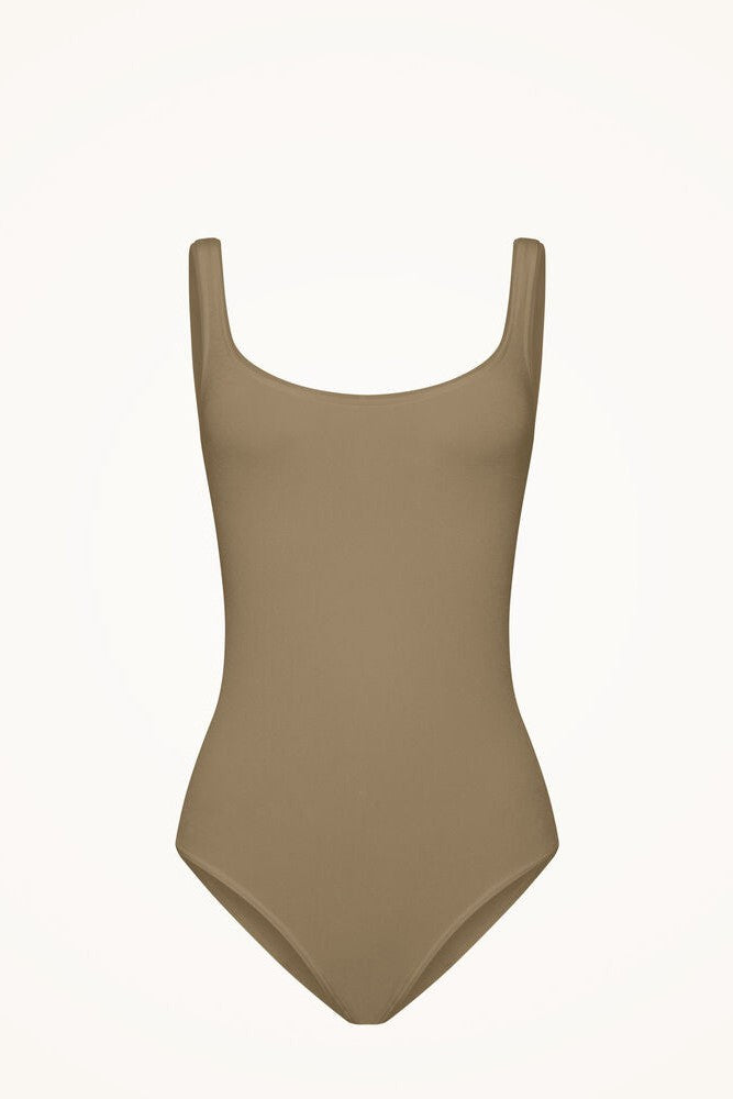 WOLFORD JAMAIKA STRING BODYSUIT IN CAFE AU LAIT