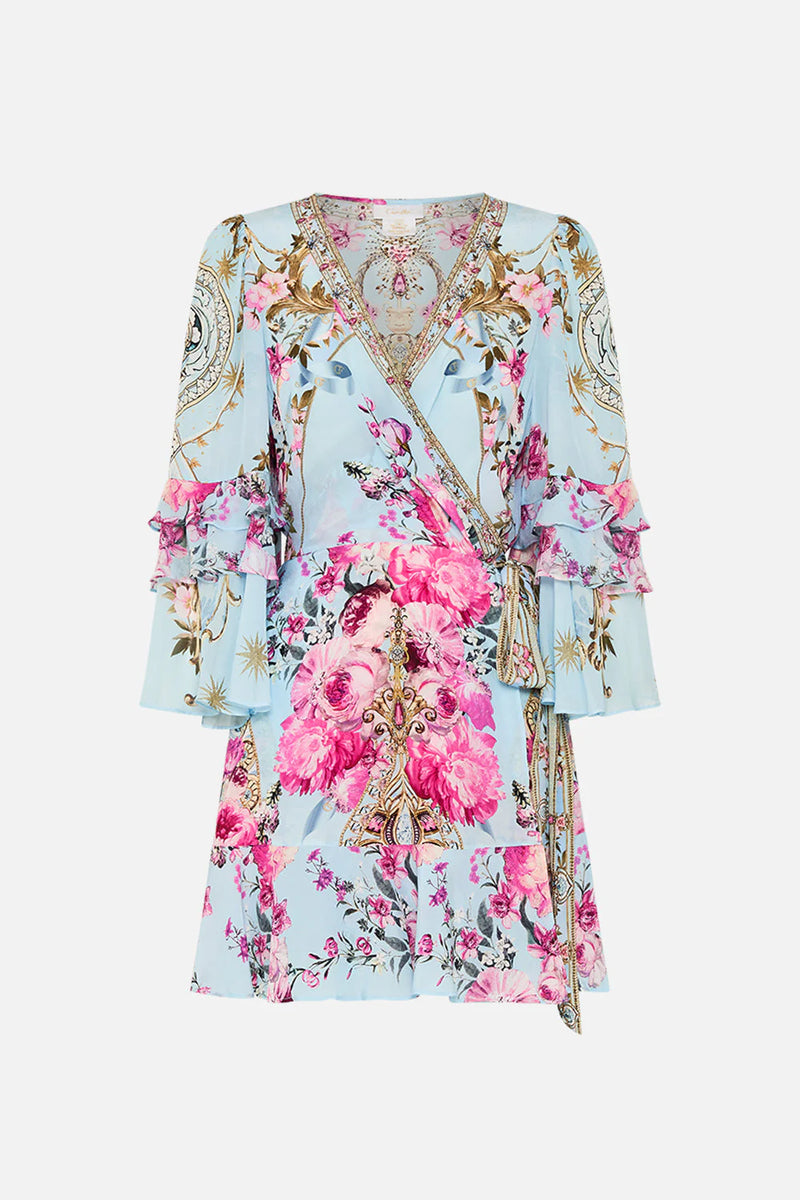 CAMILLA SHORT WRAP DRESS WITH RUFFLE SLEEVE IN DOWN THE GARDEN PATH
