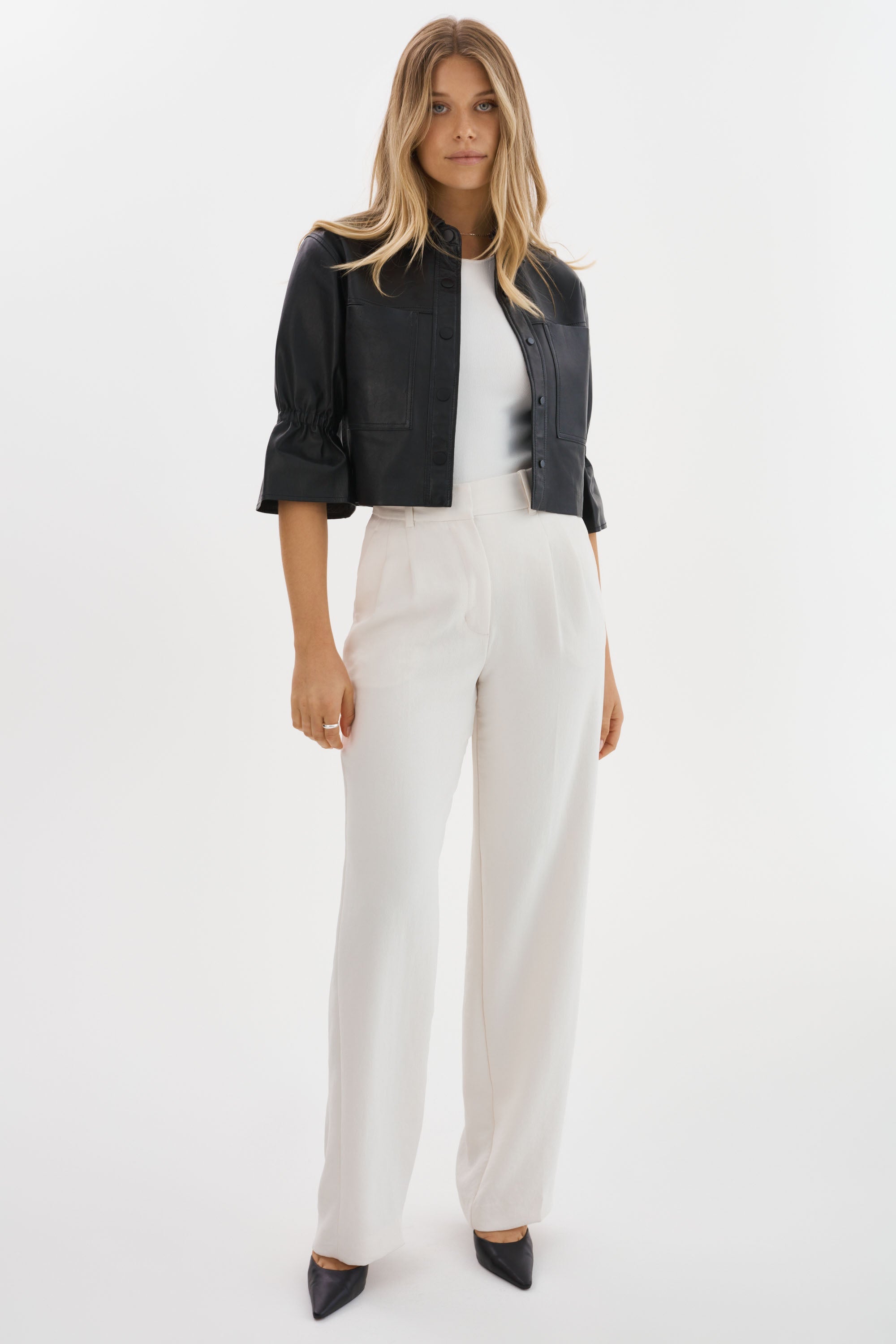 CAROLINA LEATHER RUFFLE SLEEVE JACKET