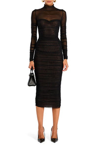 TRINA MESH RUCHED MIDI DRESS