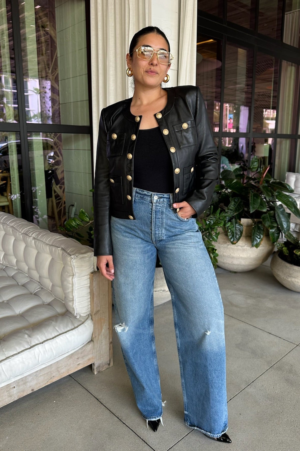 JAYDE COLLARLESS LEATHER JACKET