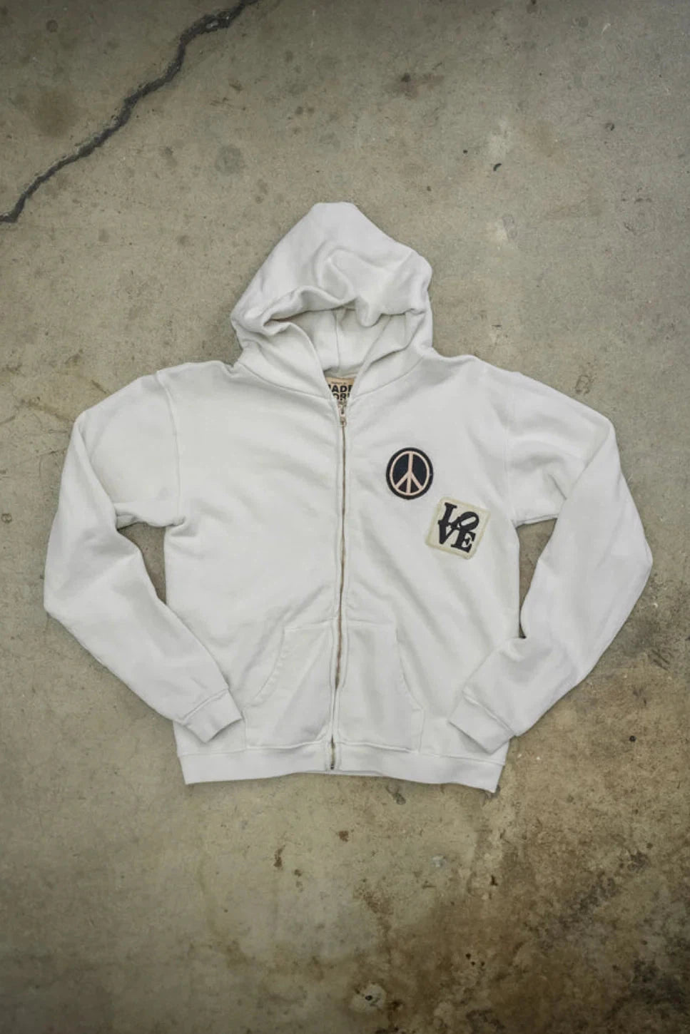 MADEWORN PEACE NOW ZIP FLEECE HOODIE IN VINTAGE WHITE Big Drop NYC