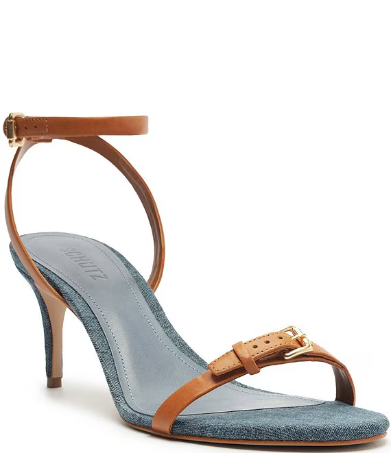 SCHUTZ AURORA MID LEATHER ANKLE STRAP SANDALS IN CUOIO BROWN