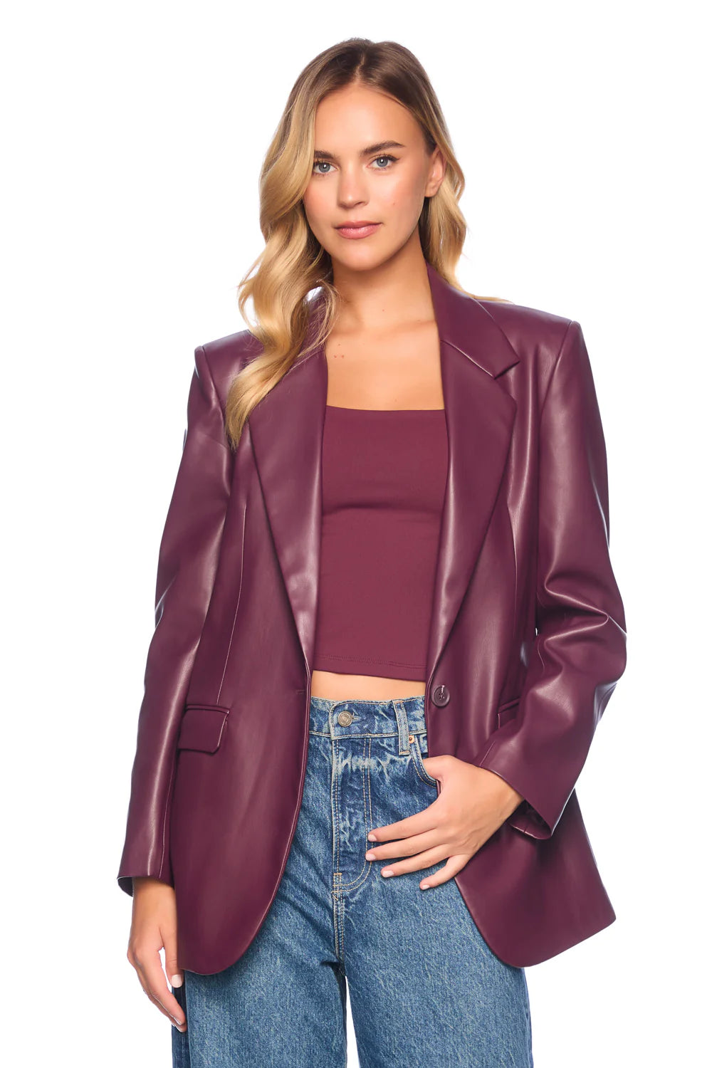 SUSANA MONACO FAUX LEATHER BOYFRIEND JACKET IN MALBEC