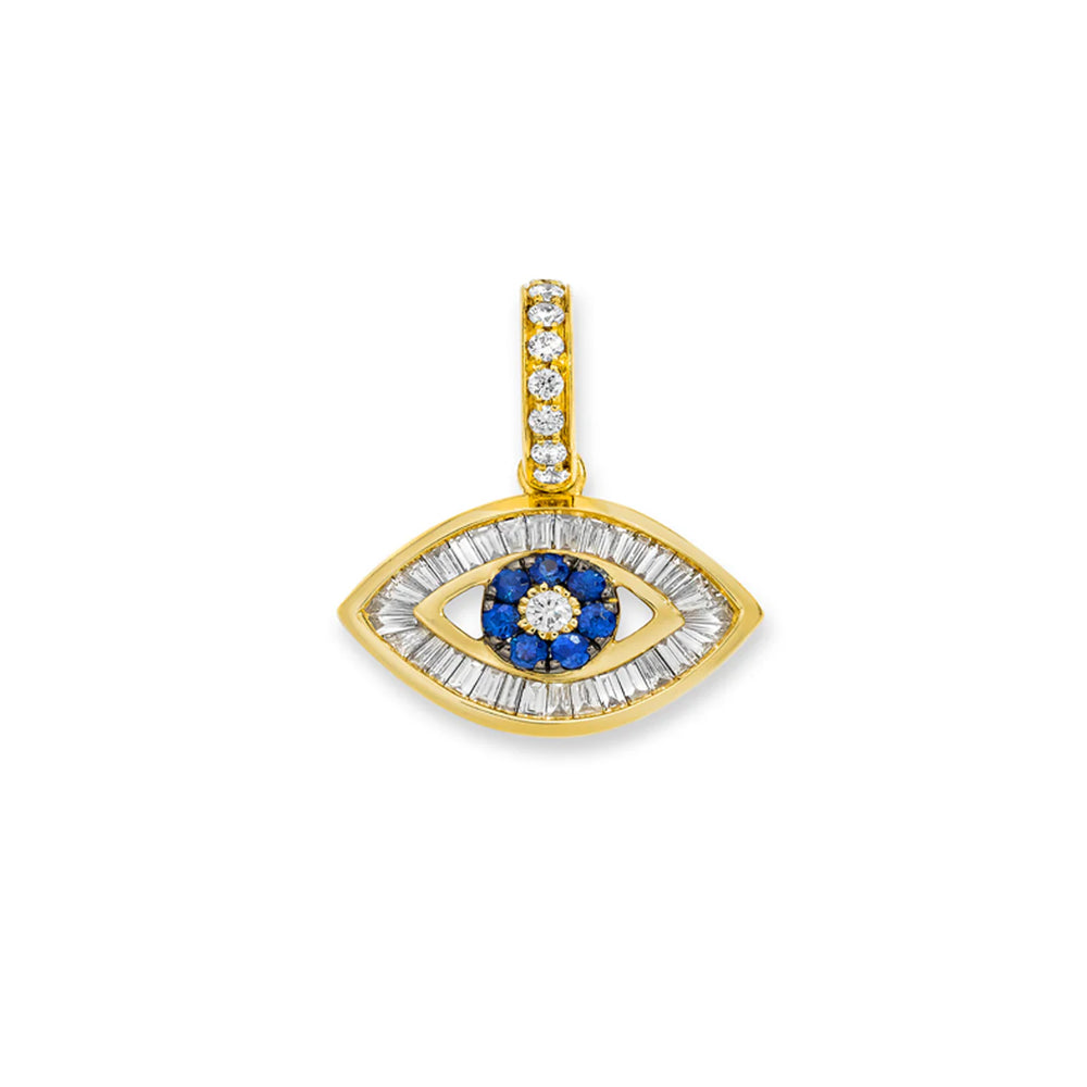 18K LARGE BAGUETTE DIAMOND BLUE SAPPHIRE EYE CHARM