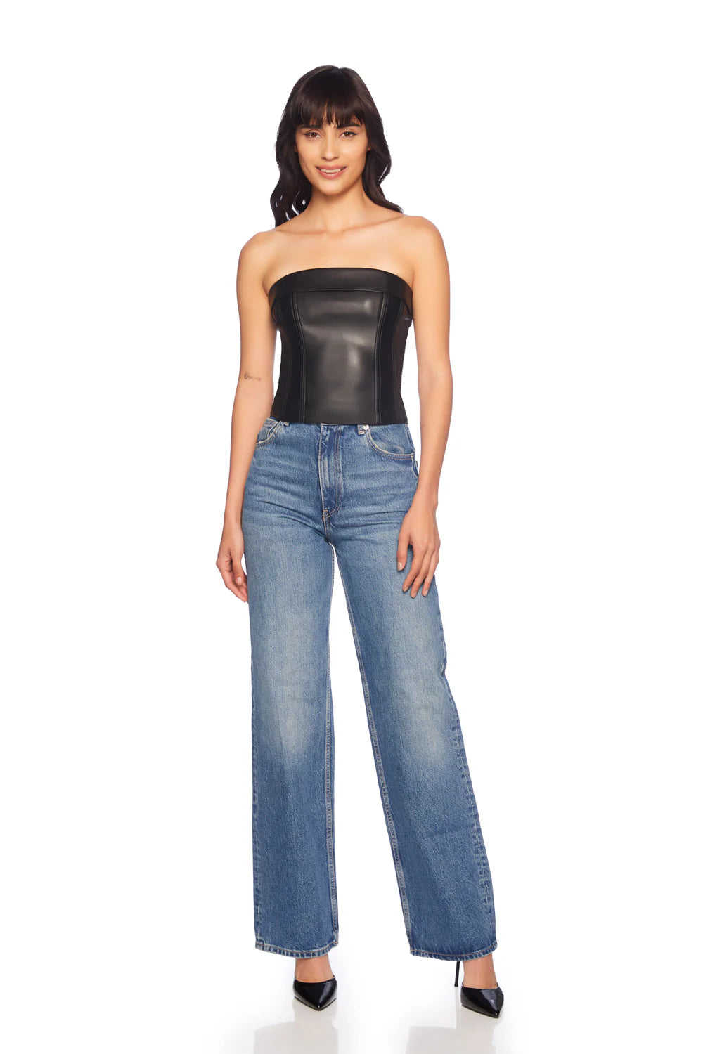 SUSANA MONACO FAUX LEATHER CORSET TUBE TOP IN BLACK