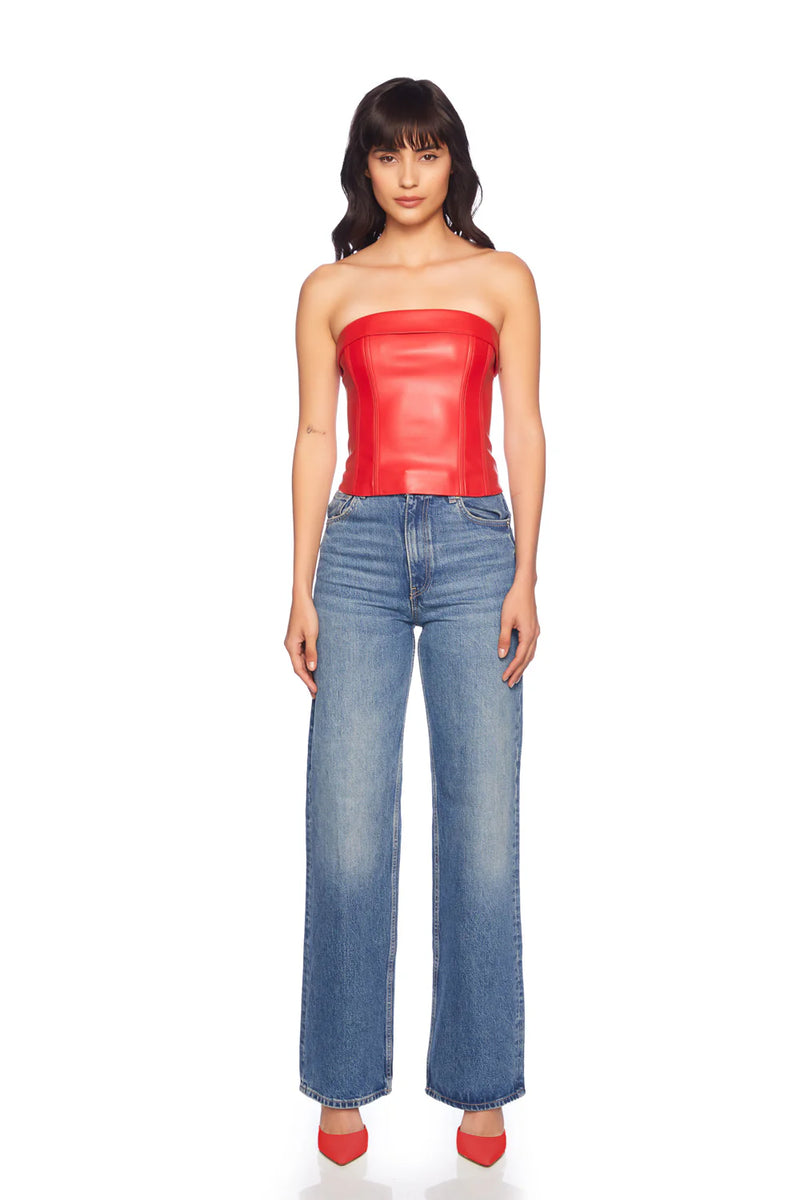 SUSANA MONACO FAUX LEATHER CORSET TUBE TOP IN PERFECT RED