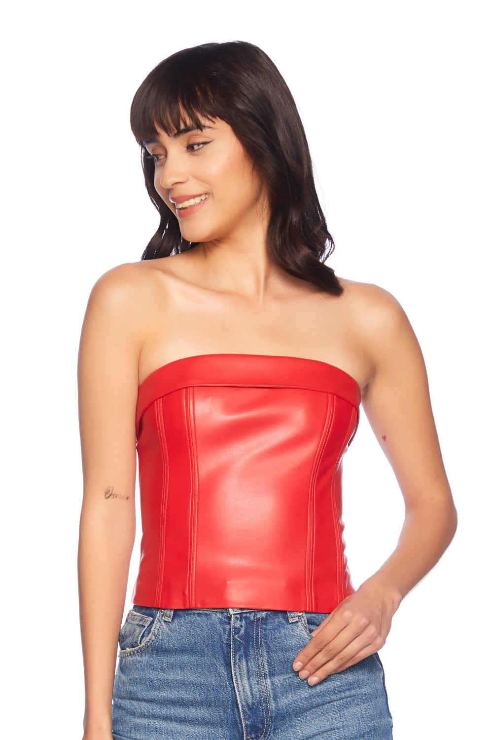 SUSANA MONACO FAUX LEATHER CORSET TUBE TOP IN PERFECT RED