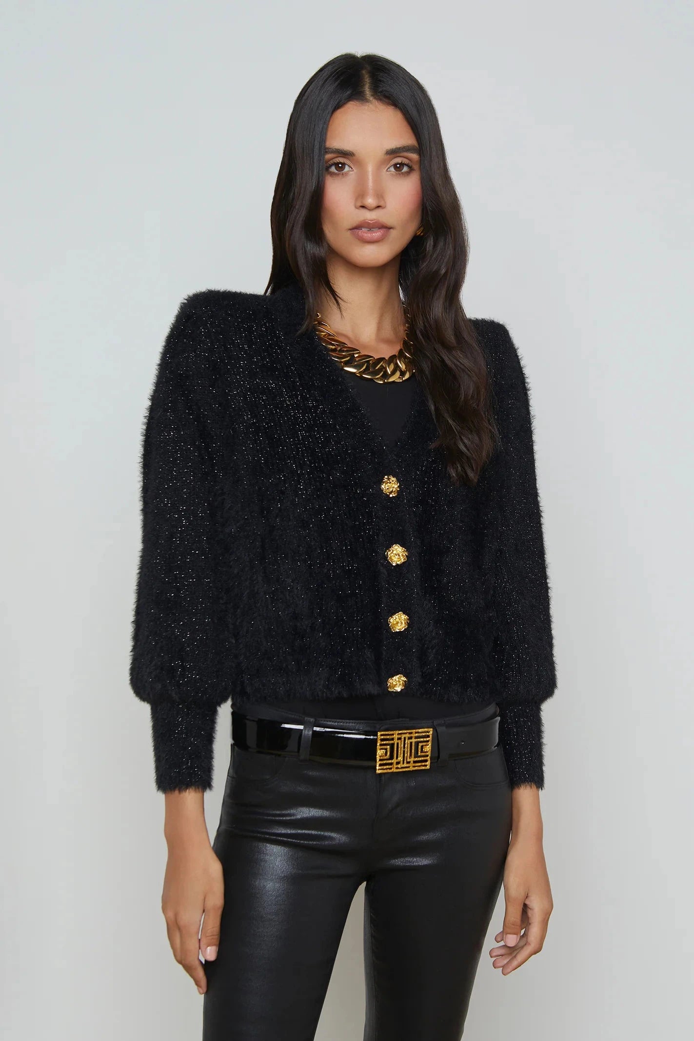 L'AGENCE TALULLA SHOULDER PAD CARDIGAN IN BLACK LUREX/ GOLD ROSE