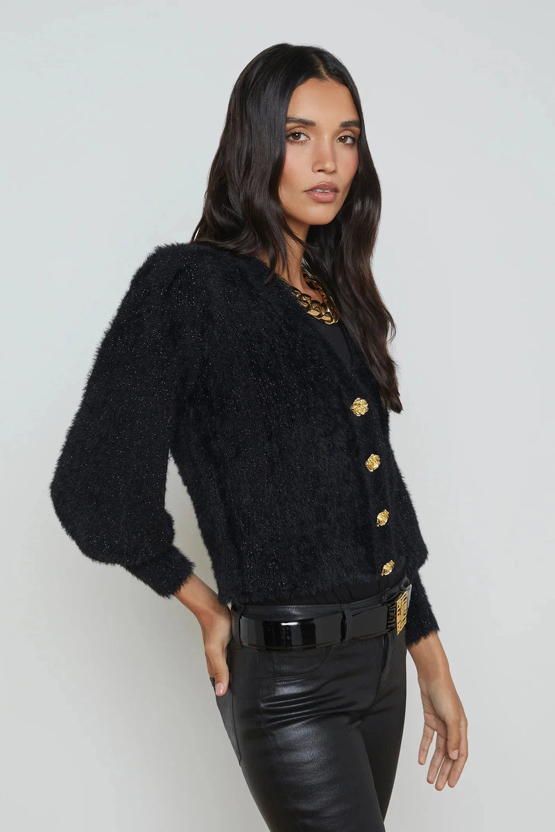 L'AGENCE TALULLA SHOULDER PAD CARDIGAN IN BLACK LUREX/ GOLD ROSE