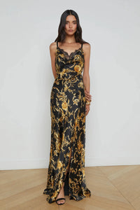 L'AGENCE VENICE COWL LACE NECK GOWN IN BLACK/GOLD LARGE BAROCCO SWIRL