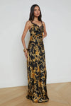 L'AGENCE VENICE COWL LACE NECK GOWN IN BLACK/GOLD LARGE BAROCCO SWIRL