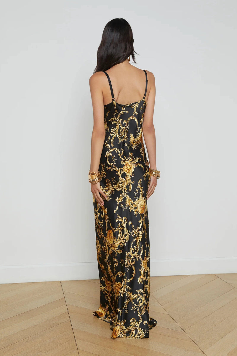 L'AGENCE VENICE COWL LACE NECK GOWN IN BLACK/GOLD LARGE BAROCCO SWIRL