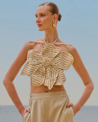 PATBO CANDY LINEN HAND BEADED FLOWER TOP IN NATURAL