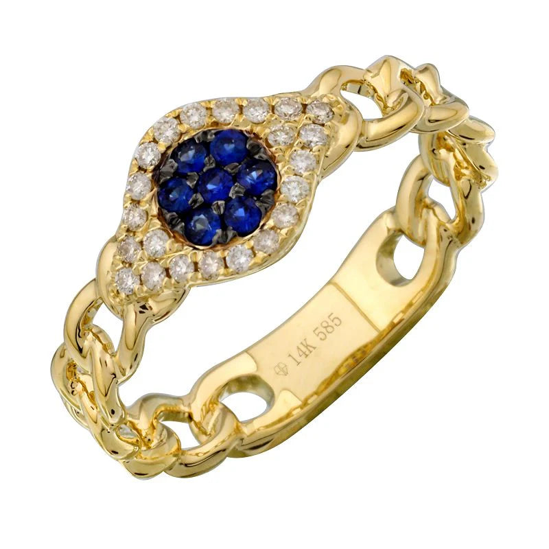 MONISHA MELWANI GOLD DIAMOND BLUE SAPPHIRE EVIL EYE CUBAN LINK RING 6