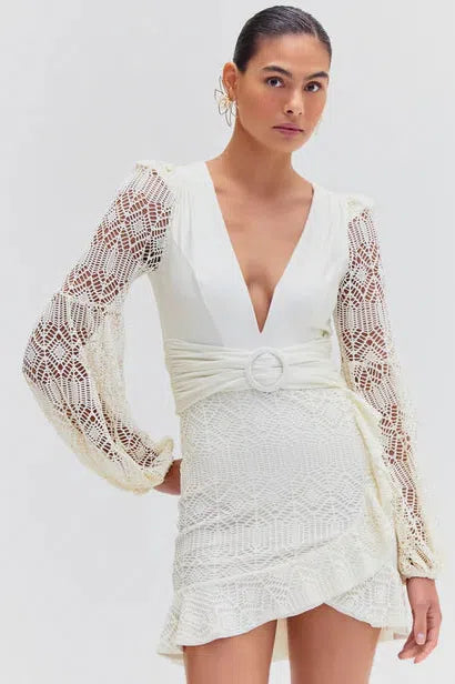 PATBO LACE PLUNGE MINI DRESS IN OFF WHITE