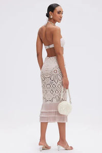 PATBO FLOWER CROCHET EMBROIDERED MIDI DRESS IN BEIGE