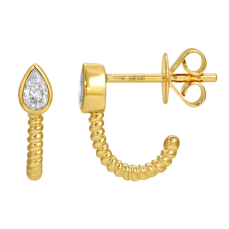 GOLD DIAMOND PEAR BEZEL HALF HOOP EARRING - SINGLE