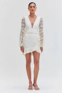 PATBO LACE PLUNGE MINI DRESS IN OFF WHITE