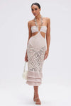 PATBO FLOWER CROCHET EMBROIDERED MIDI DRESS IN BEIGE