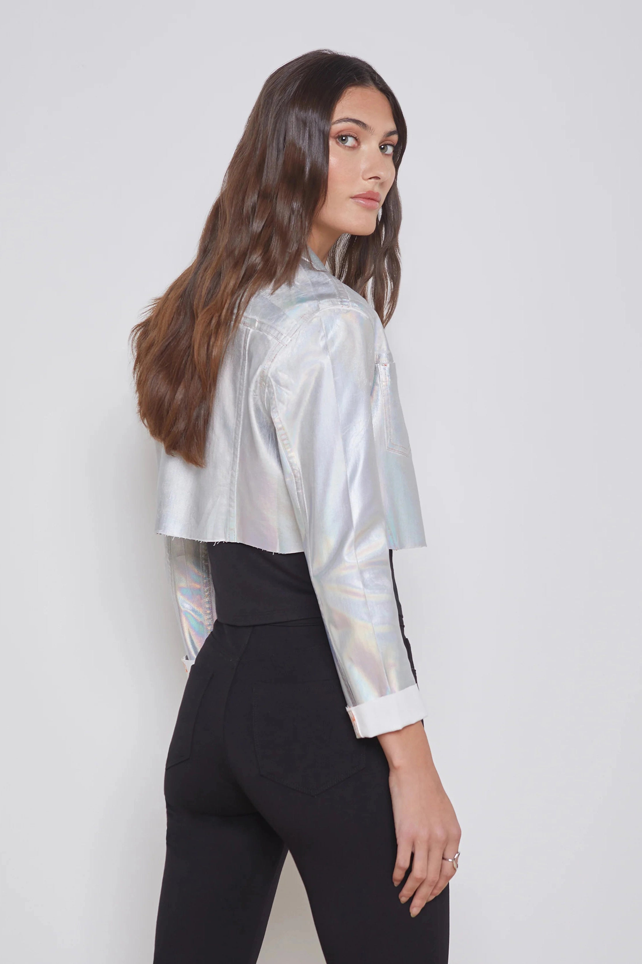 L'AGENCE WESLEY CROP RAW JACKET IN IRIDESCENT FOIL