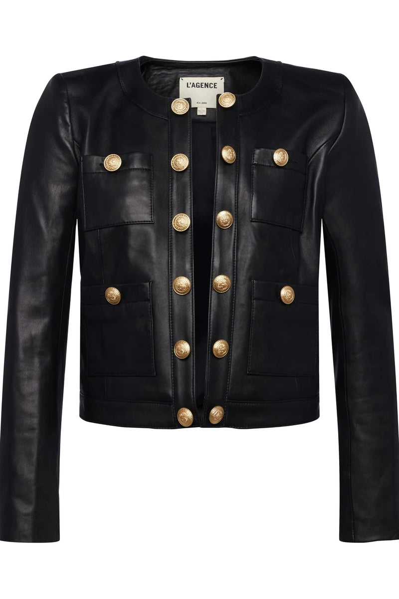 L'AGENCE JAYDE COLLARLESS LEATHER JACKET IN BLACK