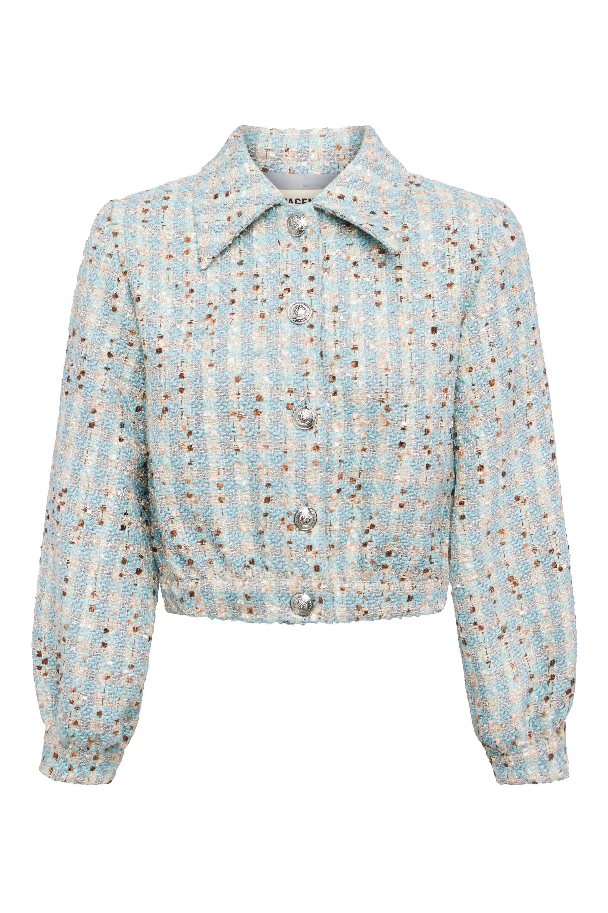 L'AGENCE BRIDGES CROP LONG SLEEVE JACKET IN NEUTRAL/SAGE MULTI TWEED