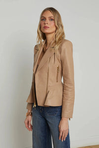 L'AGENCE LYRIC LEATHER PEPLUM JACKET IN CAPPUCCINO