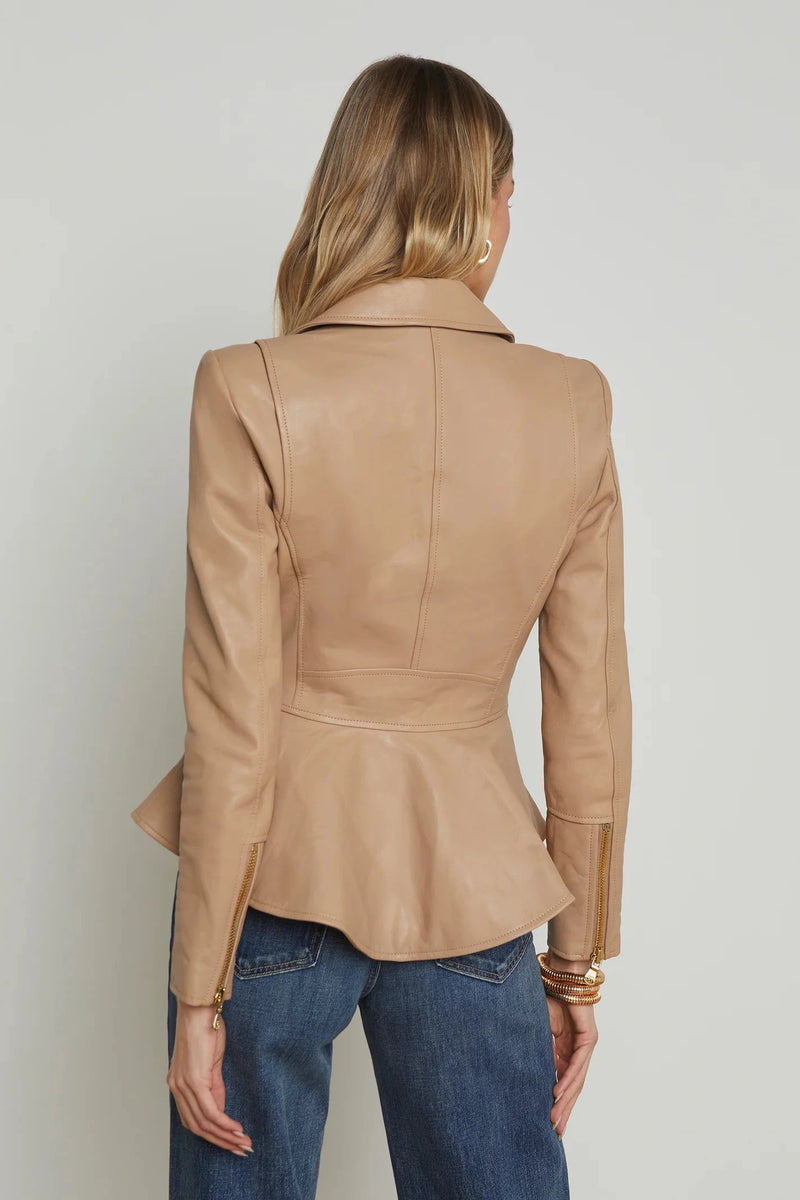 L'AGENCE LYRIC LEATHER PEPLUM JACKET IN CAPPUCCINO