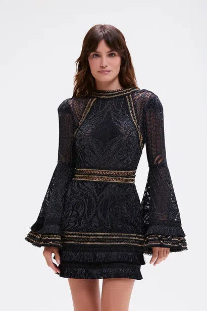 PATBO LACE AND FRINGE MINI DRESS IN BLACK