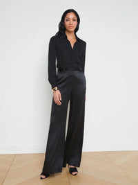 L'AGENCE PILAR WIDE LEG PANT IN SHINY BLACK