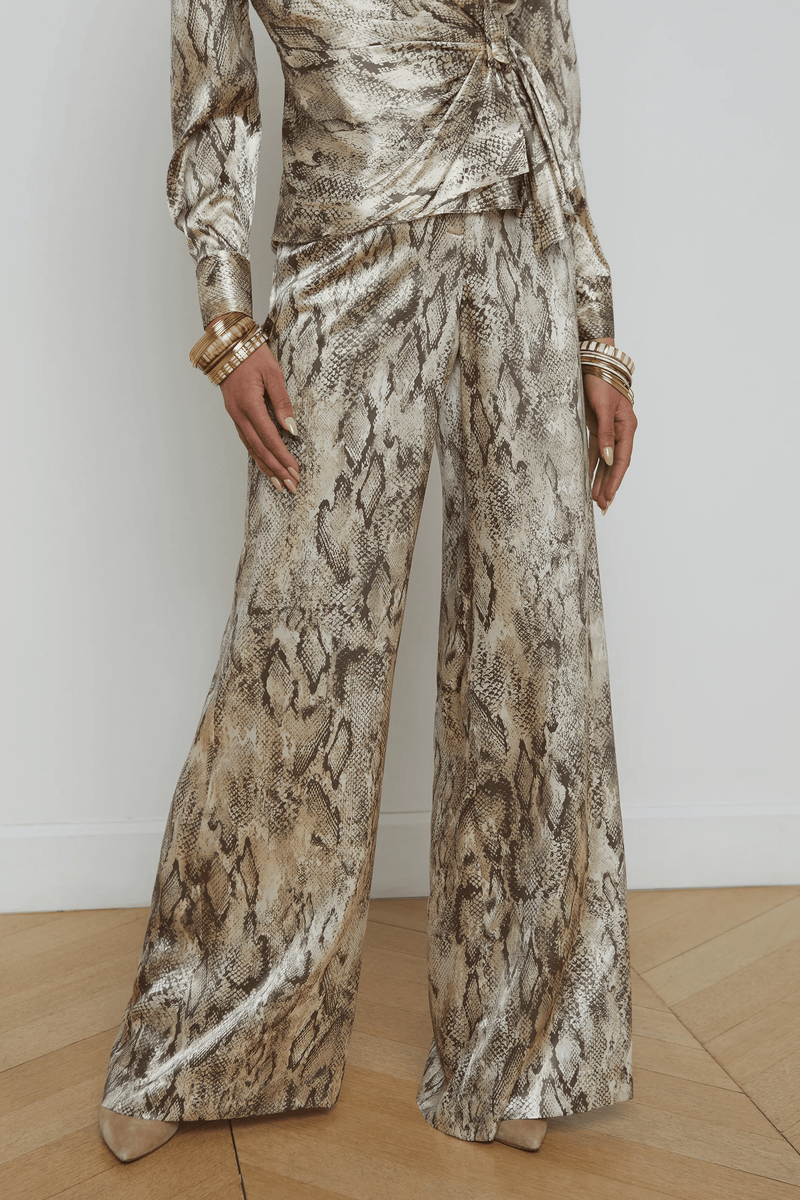 L'AGENCE PILAR WIDE LEG PANT IN TAN MULTI SNAKE