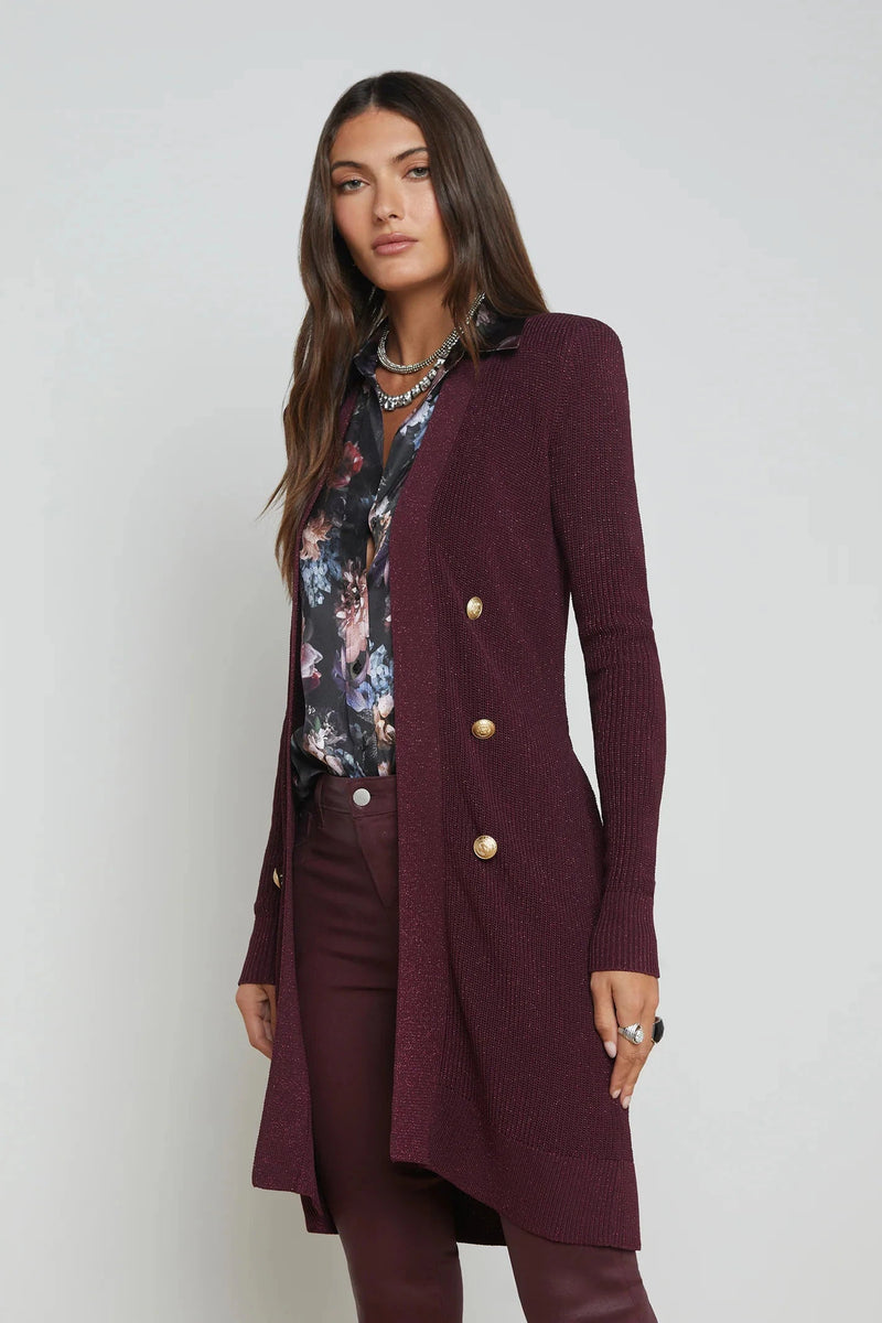 L'AGENCE NOE DOUBLE BREASTED CARDIGAN IN DARK WINE