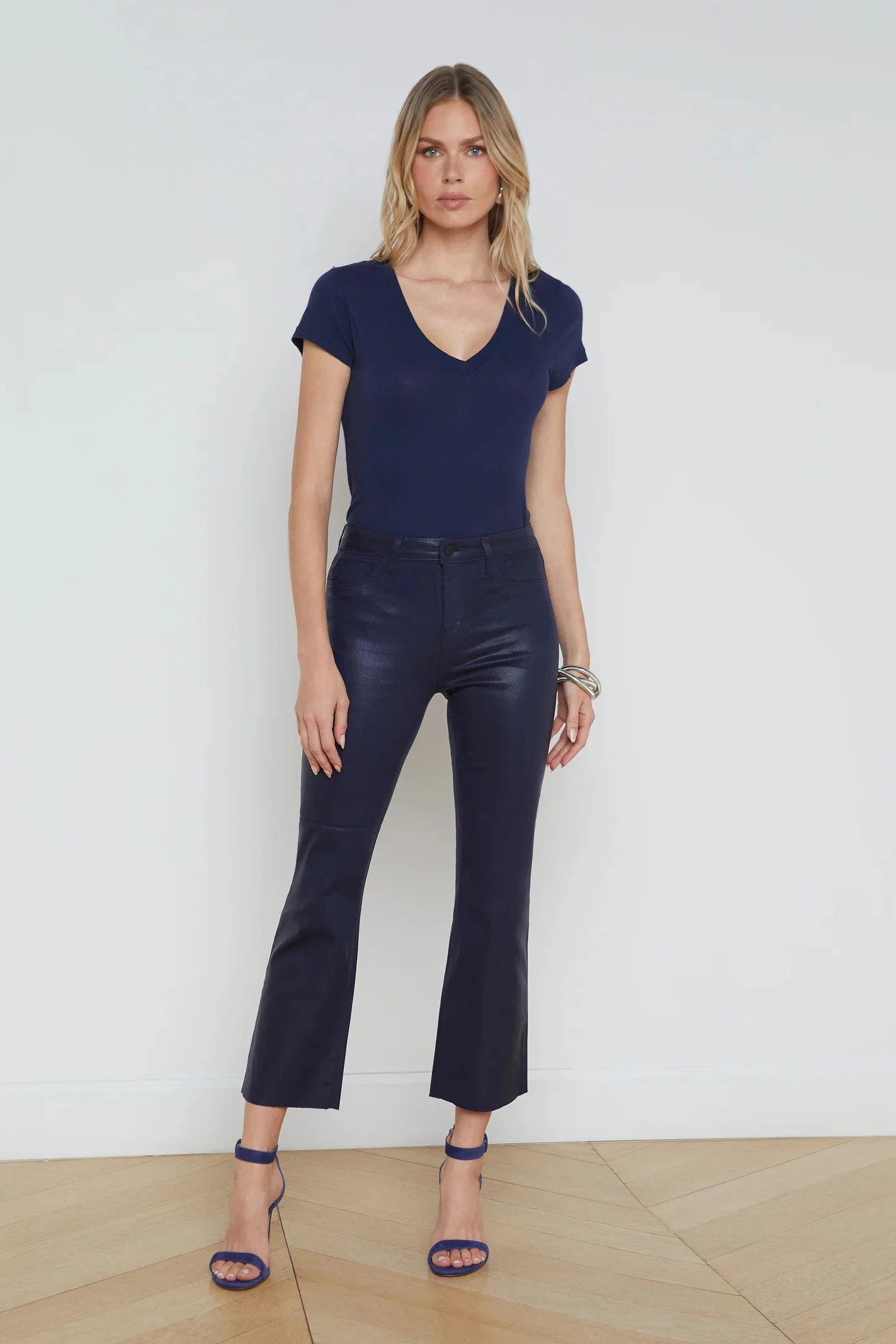 L'AGENCE KENDRA HIGH RISE CROPPED FLARE JEAN IN MIDNIGHT COATED