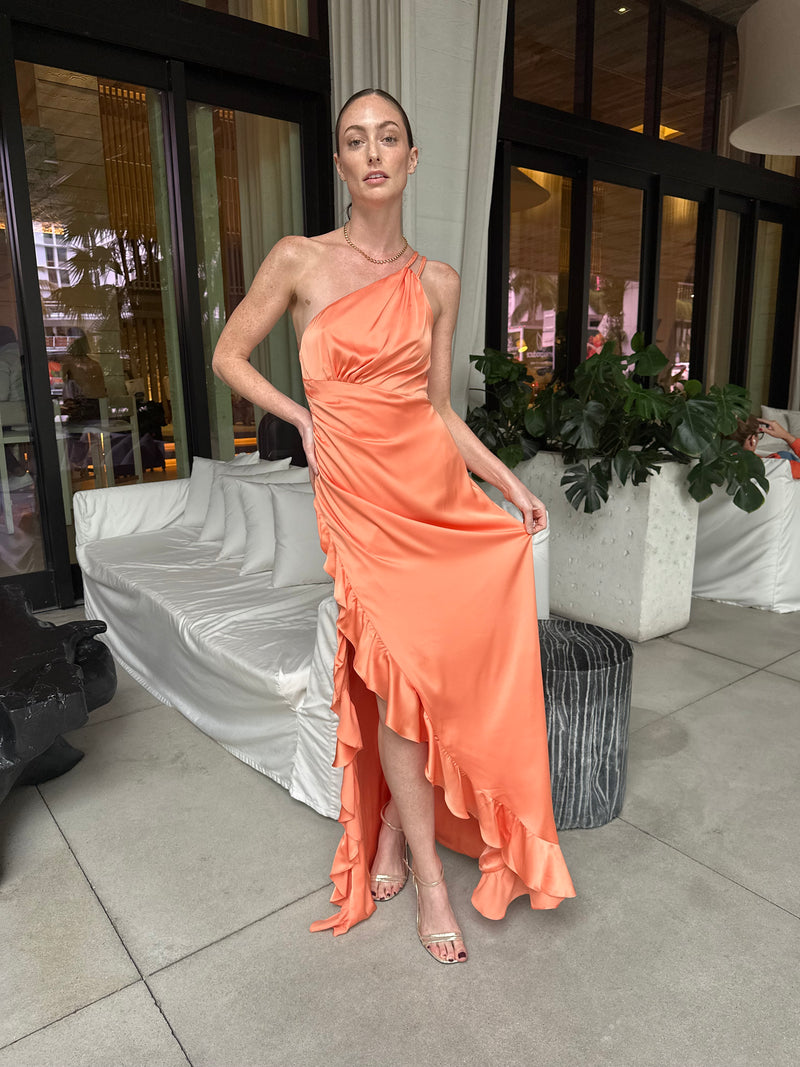 PATBO SATIN SUNSET ONE SHOULDER DRESS IN ORANGE