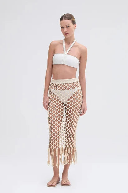 PATBO BEADED BEACH SKIRT IN OFF WHITE