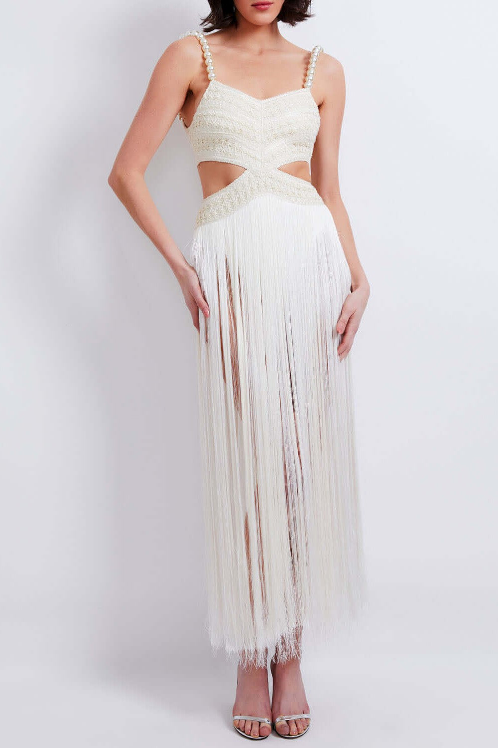 PATBO FRINGE BEACH DRESS WITH PEARL BEADED STRAPS IN WHITE