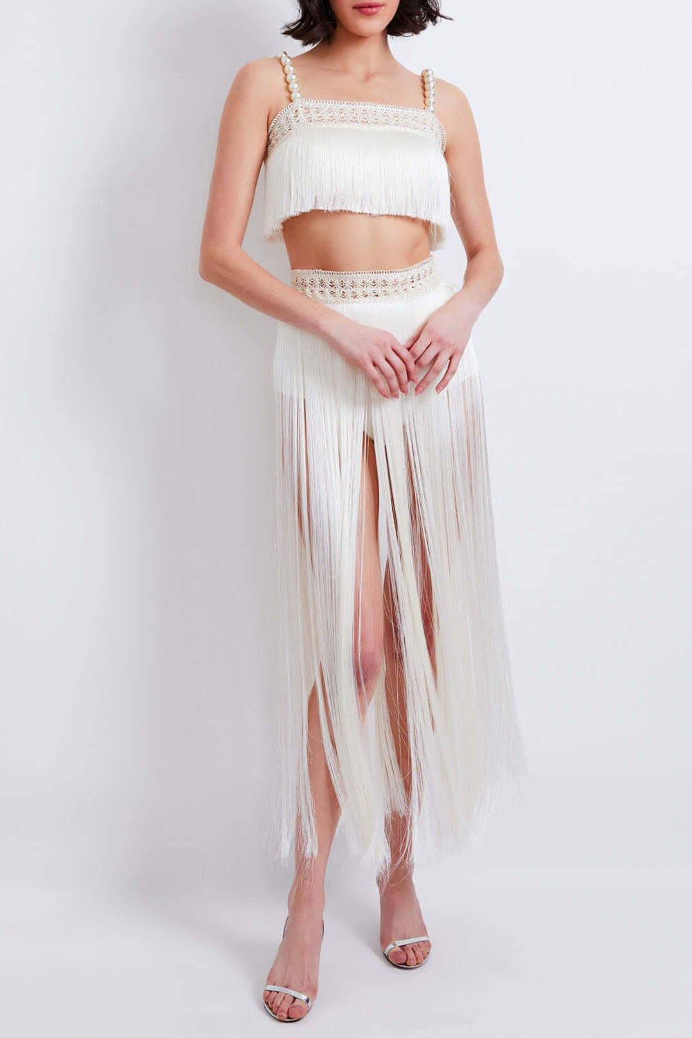 PATBO FRINGE CROPPED TOP WITH PEARL BEADED STRAPS IN WHITE