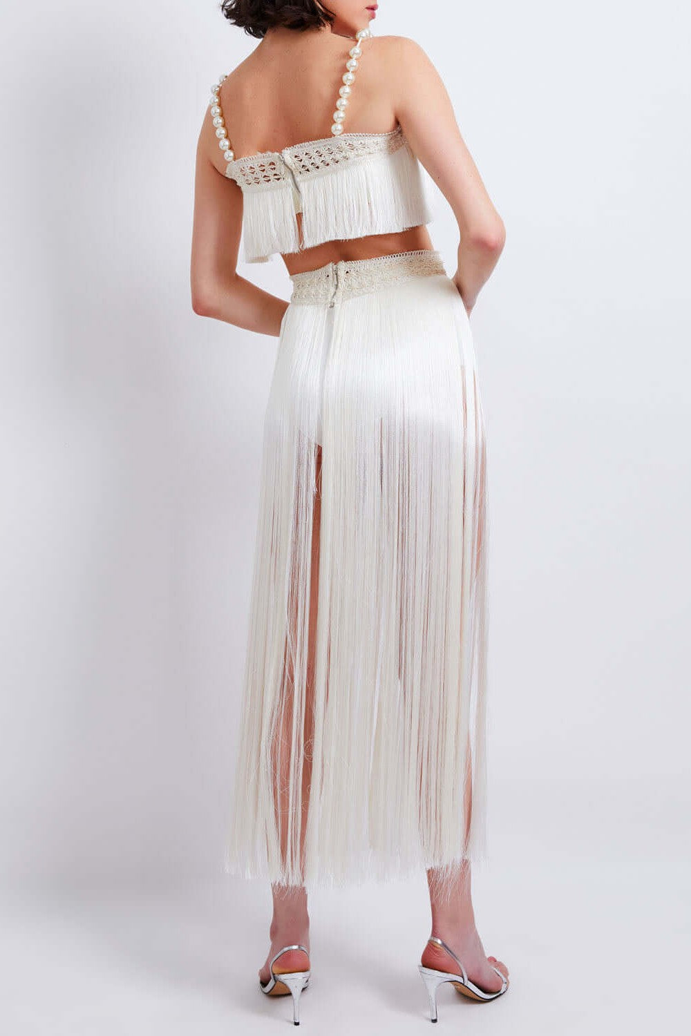 PATBO FRINGE CROPPED TOP WITH PEARL BEADED STRAPS IN WHITE