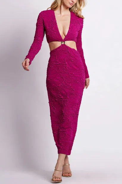 PATBO JACQUARD CUT OUT MAXI DRESS IN RASPBERRY