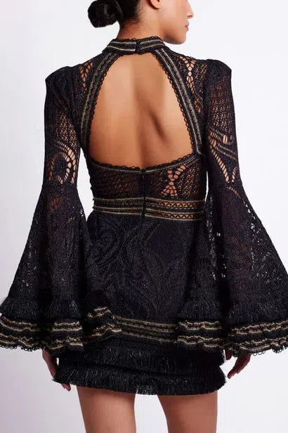 PATBO LACE AND FRINGE MINI DRESS IN BLACK