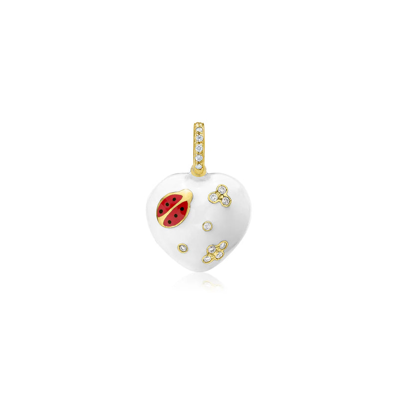 AARON BASHA 18K YG WHITE HEART WITH RED LADYBUG