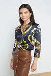 L'AGENCE DANI 3/4 SLEEVE BLOUSE IN OLIVE MULTI ABSTRACT SCARF