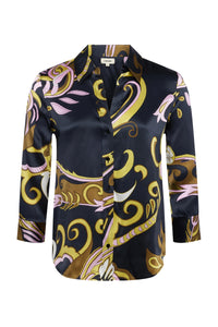 L'AGENCE DANI 3/4 SLEEVE BLOUSE IN OLIVE MULTI ABSTRACT SCARF