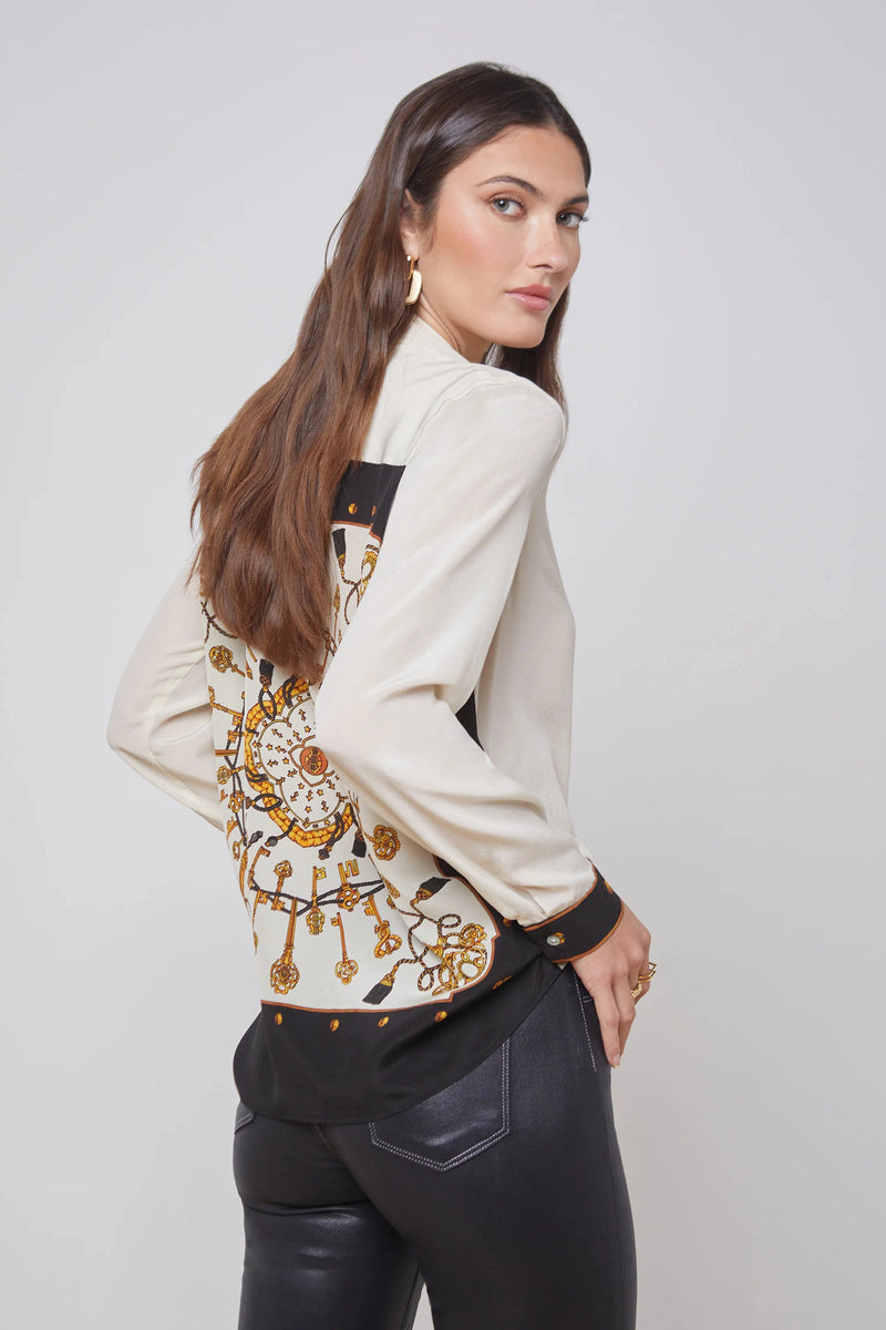 L'AGENCE GIO LONG SLEEVE BLOUSE IN ECRU MULTI KEY SCARF