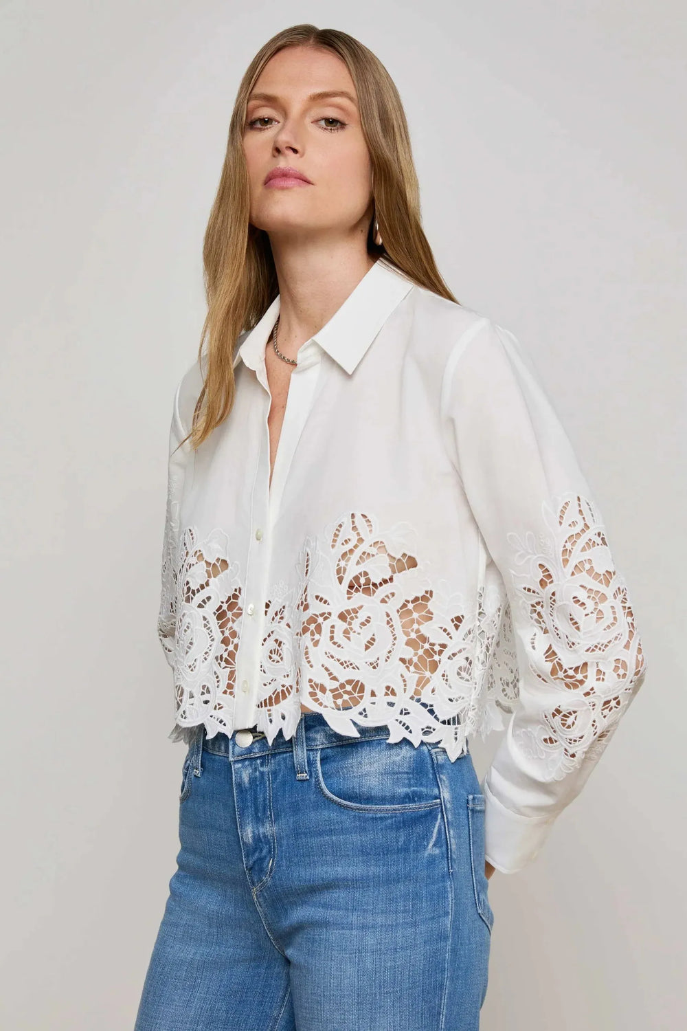 SEYCHELLE HALF LACE CROPPED BUTTON DOWN