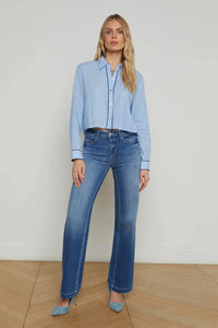 L'AGENCE COSETTE STRIPE CROPPED SHIRT IN SLATE BLUE/IVORY STRIPE