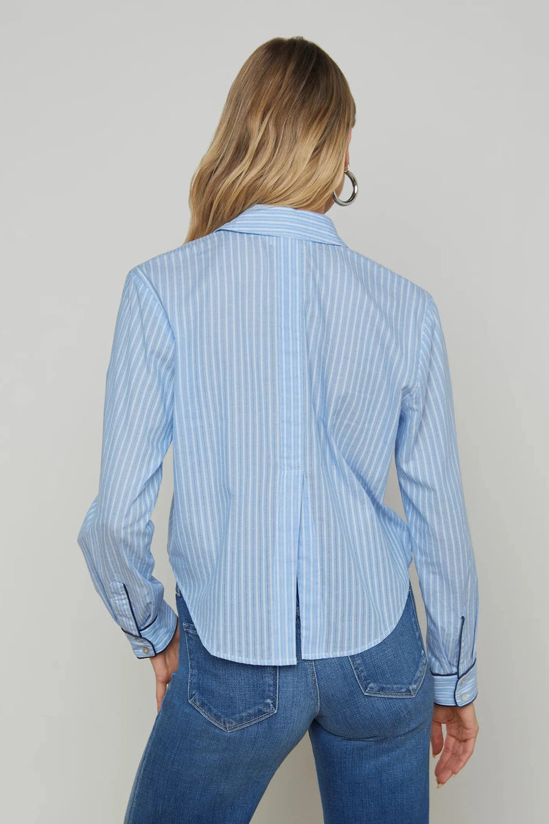 L'AGENCE COSETTE STRIPE CROPPED SHIRT IN SLATE BLUE/IVORY STRIPE